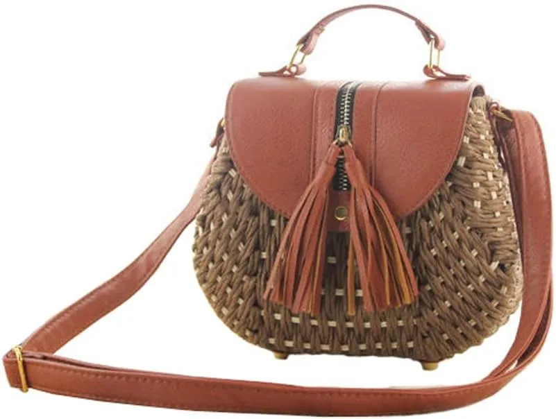 TONWHAR Retro Beach Bag with Tassels Hand-woven Straw Purse