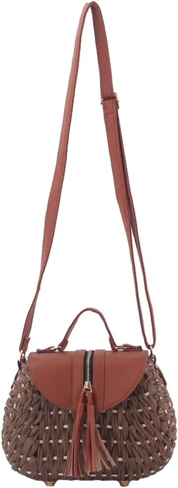 TONWHAR Retro Beach Bag with Tassels Hand-woven Straw Purse
