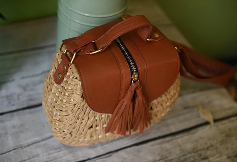 TONWHAR Retro Beach Bag with Tassels Hand-woven Straw Purse