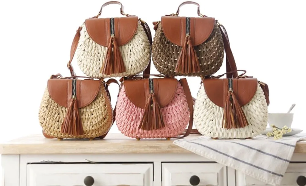 TONWHAR Retro Beach Bag with Tassels Hand-woven Straw Purse