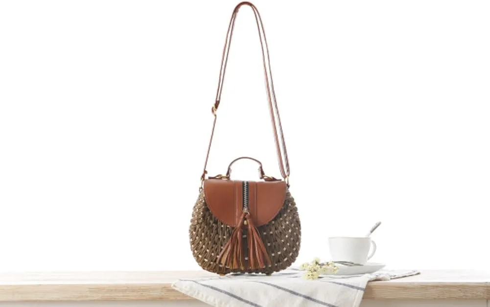 TONWHAR Retro Beach Bag with Tassels Hand-woven Straw Purse