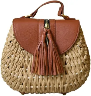 TONWHAR Retro Beach Bag with Tassels Hand-woven Straw Purse
