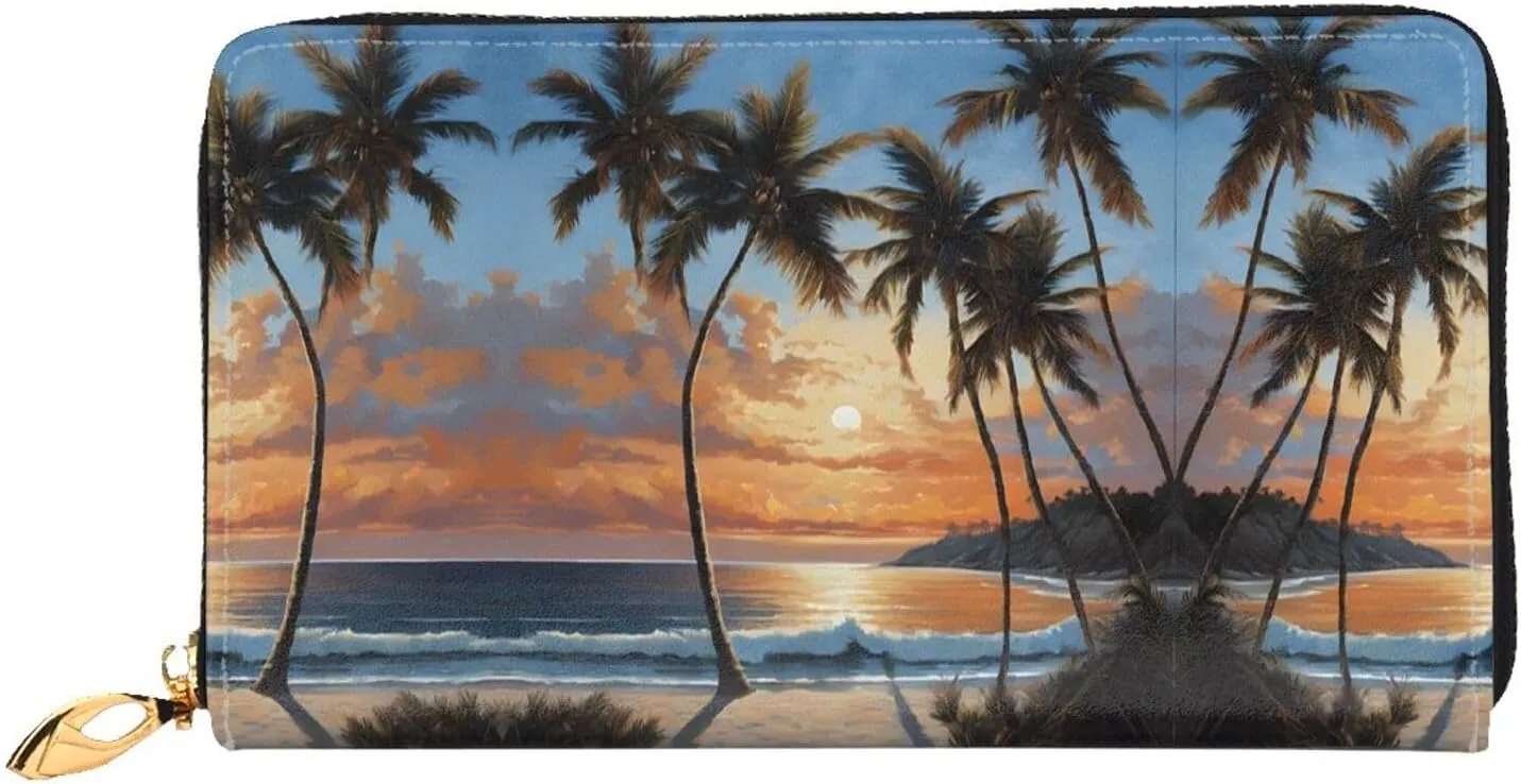 (Tropical Sunset) Print Women's Long Wallet Clutch with Zipper Multiple Card Slots Coin Pocket Elegant Ladies Purse