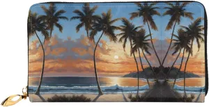 (Tropical Sunset) Print Women's Long Wallet Clutch with Zipper Multiple Card Slots Coin Pocket Elegant Ladies Purse