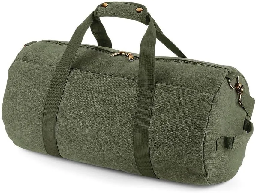 Vintage Canvas Barrel Bag BG655 - Sports gym Duffle Bag Travel Holdall - Vintage Military Green