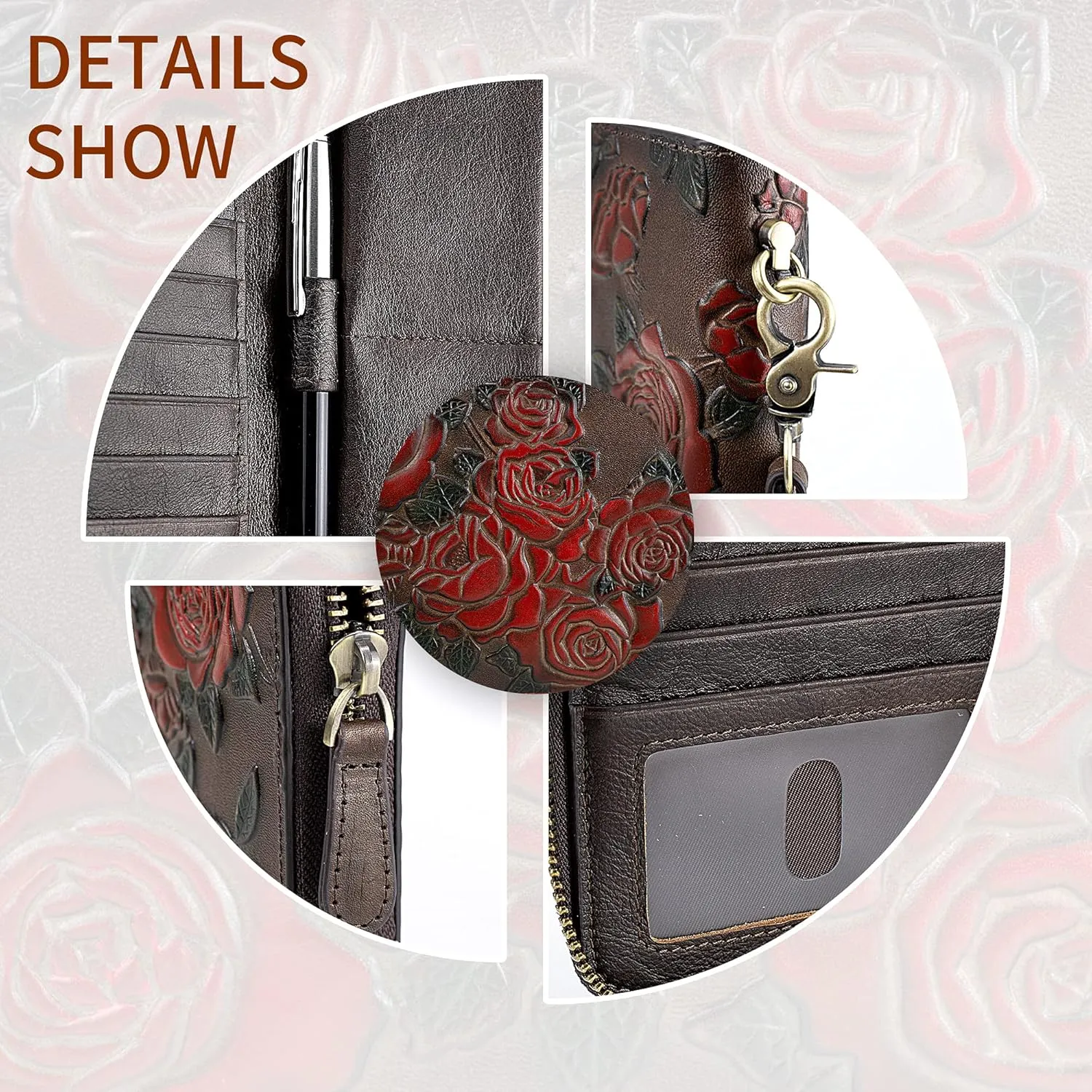 Womens RFID Blocking Wallet Leather Large Capacity Credit Card Phone Clutch With Detachable Hand Strap