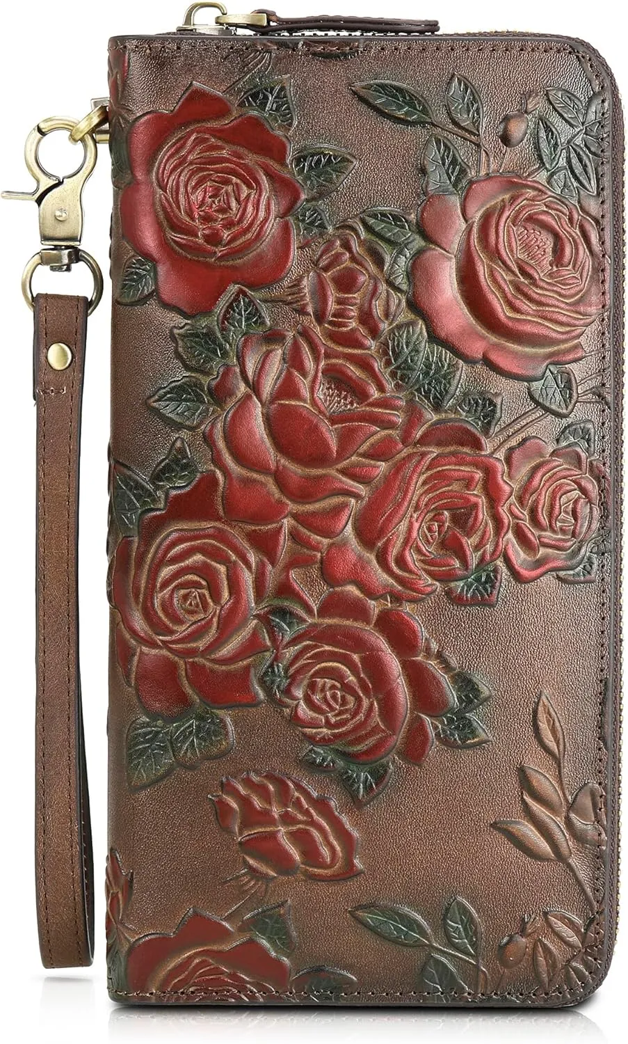 Womens RFID Blocking Wallet Leather Large Capacity Credit Card Phone Clutch With Detachable Hand Strap