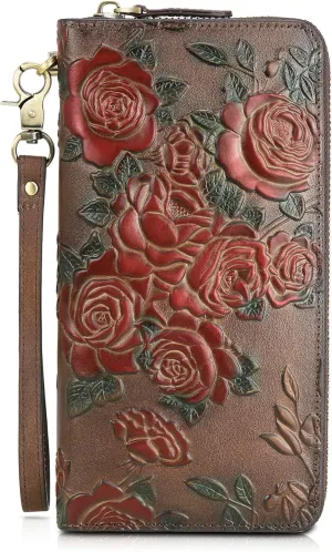 Womens RFID Blocking Wallet Leather Large Capacity Credit Card Phone Clutch With Detachable Hand Strap