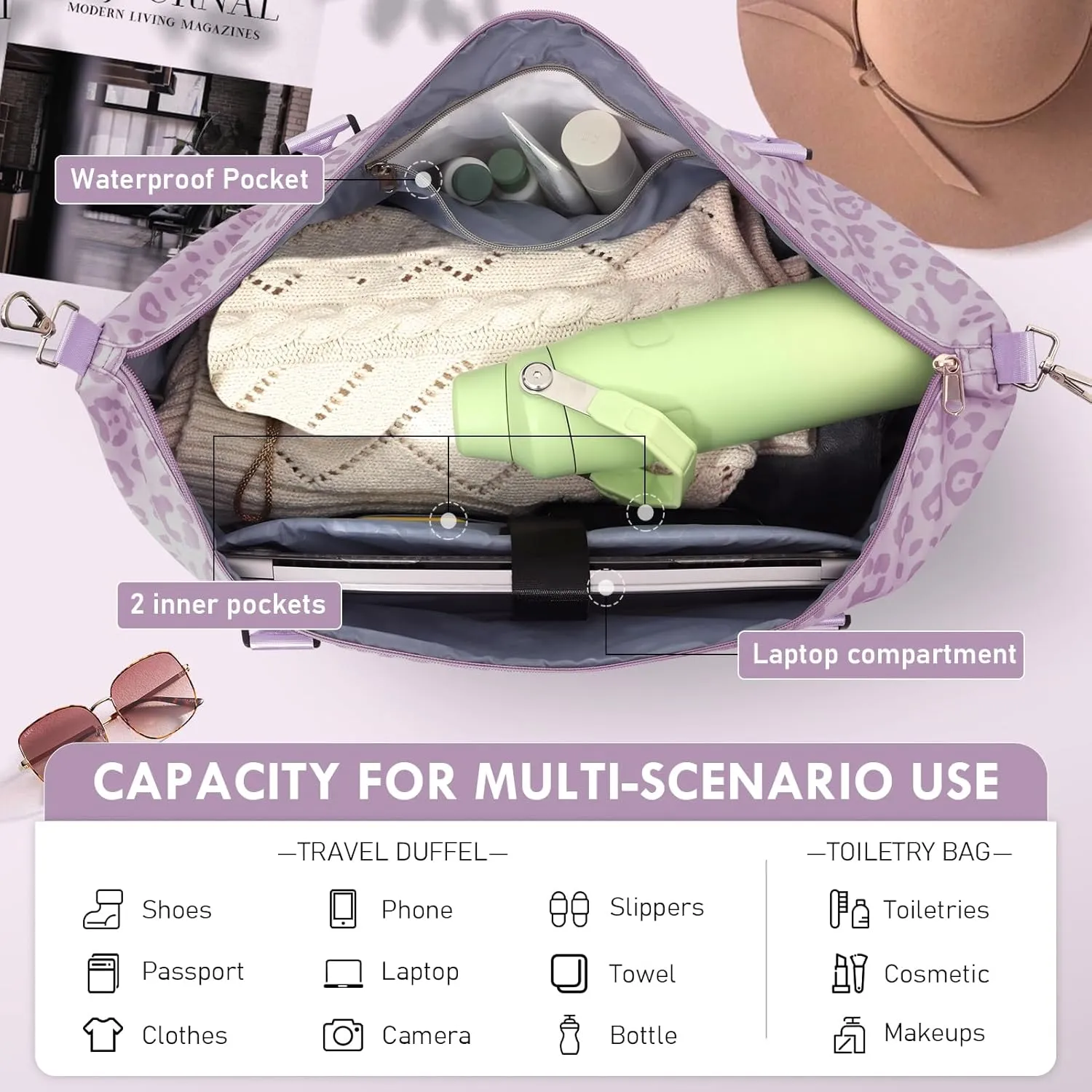 WOOMADA Weekender Overnight Bag for Women, Shoulder Travel Duffel with Shoes Compartment,Gym Bag with Toiletry Bag