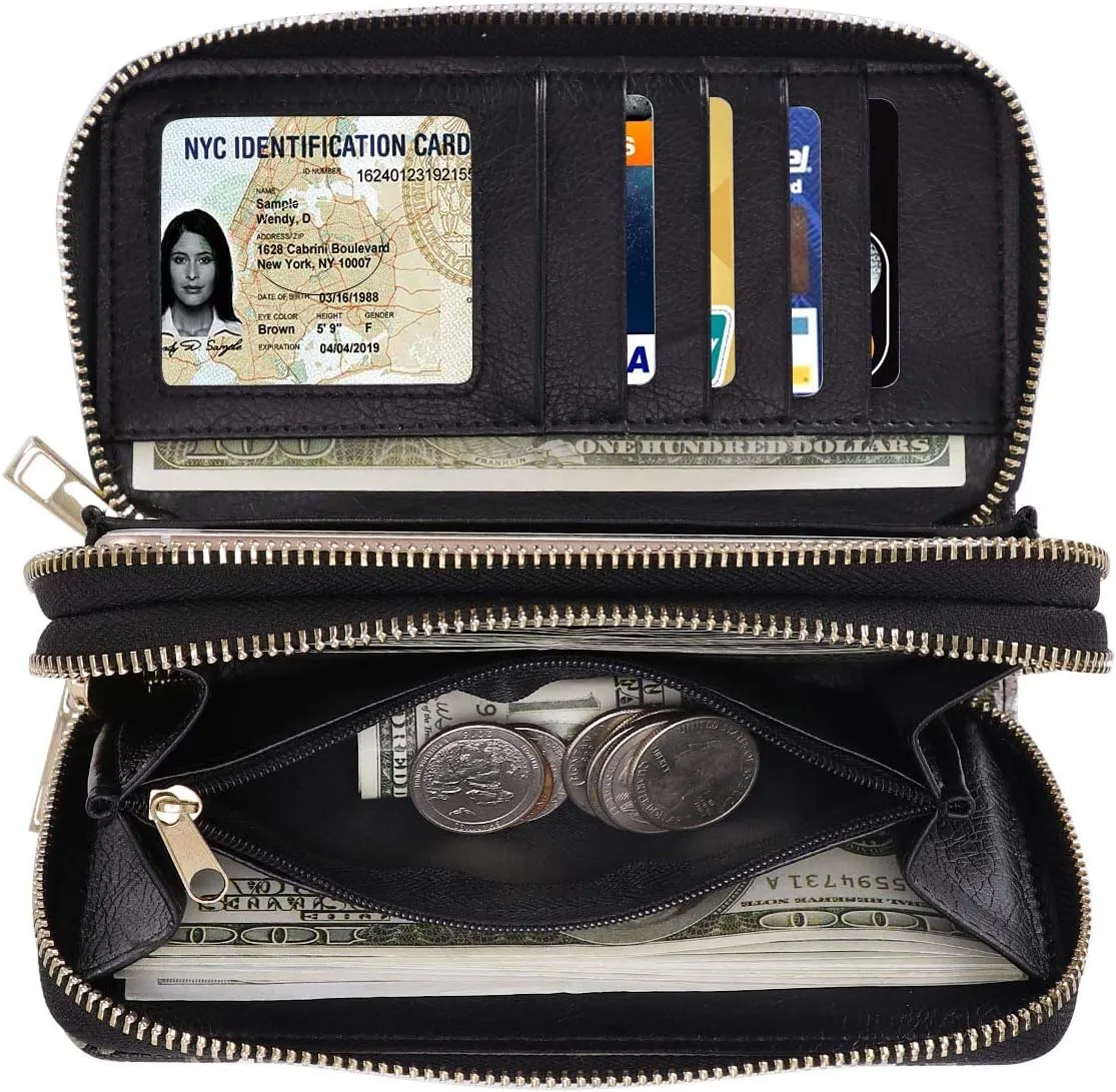 XEYOU Double Zipper Long Clutch Wallet Cellphone Wallet for Women with Removable Wristlet Strap for Credit Card, Cash, Coin, Bill